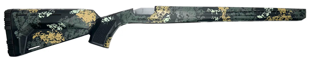 Camouflage-patterned rifle stock shown in side profile