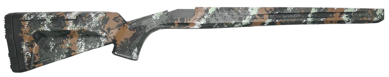 Camouflage-patterned rifle stock with textured grip and recoil pad
