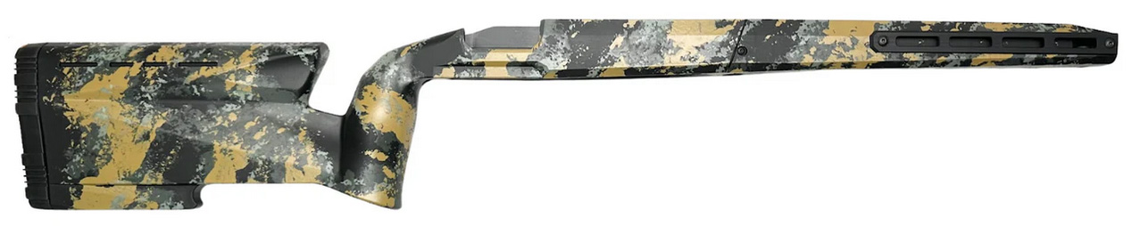 Camouflage-patterned rifle chassis stock with adjustable buttstock