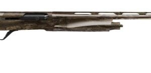 Camouflage-patterned bolt-action hunting rifle on white background