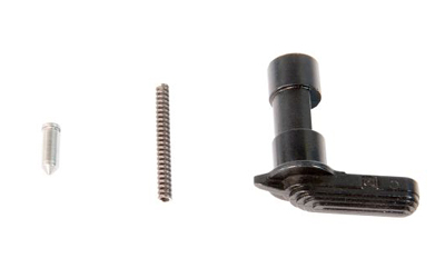 Three small firearm components on a white background