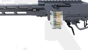 Side view of modern belt-fed firearm with stock
