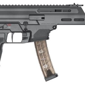 Side view of compact tactical firearm with translucent magazine