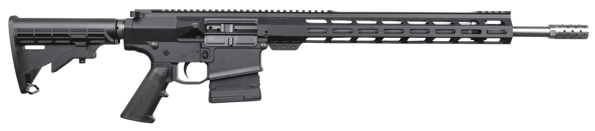 Black AR-style rifle with adjustable stock and long handguard