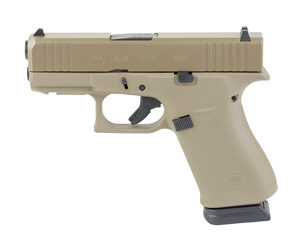 Tan semi-automatic pistol shown in left-side profile