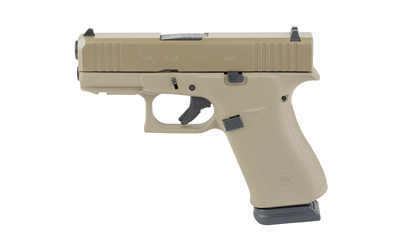 Tan semi-automatic pistol shown in left-side profile