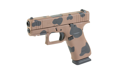 Tan and black camouflage semi-automatic pistol on white background