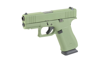 Olive green semi-automatic pistol on white background