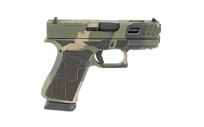 Olive and tan camouflage semi-automatic handgun