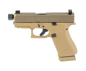 Tan semi-automatic pistol with black sights on white background
