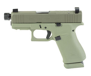 Olive green semi-automatic pistol on white background