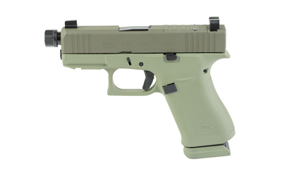 Olive green semi-automatic pistol on white background