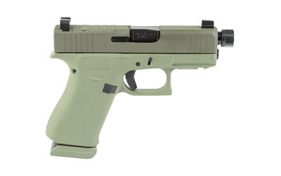 Olive green semi-automatic pistol with threaded barrel