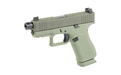 Olive green semi-automatic pistol on white background