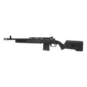 Black bolt-action rifle with magazine on white background