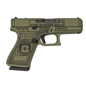Olive green ICE-themed Glock pistol with engraved markings