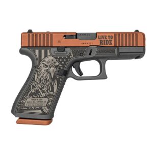 Engraved pistol with copper slide and eagle motorcycle design