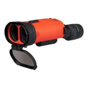 Orange and black binoculars with open lens cover