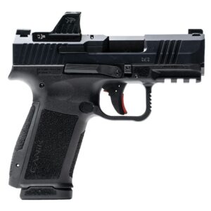 Black 9mm semi-automatic pistol with red-dot sight