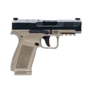 Tan and black semi-automatic pistol on white background