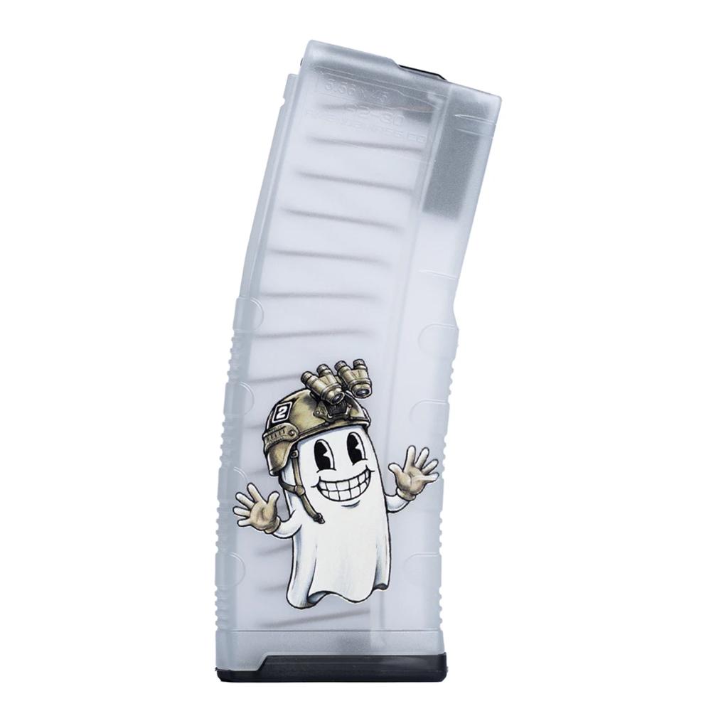 Translucent rifle magazine with helmeted cartoon ghost graphic