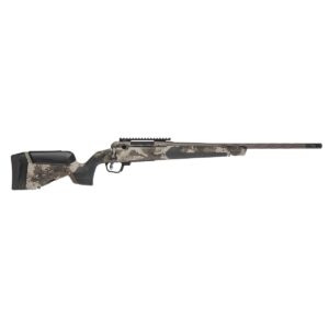 Camouflage bolt-action hunting rifle on white background