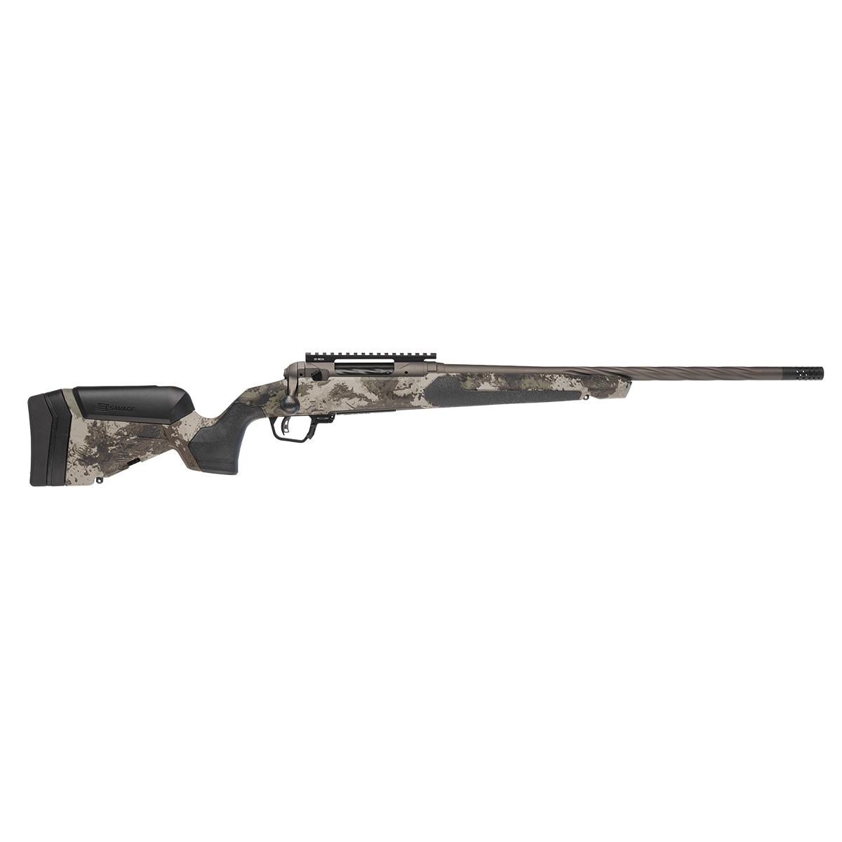 Camouflage bolt-action hunting rifle on white background