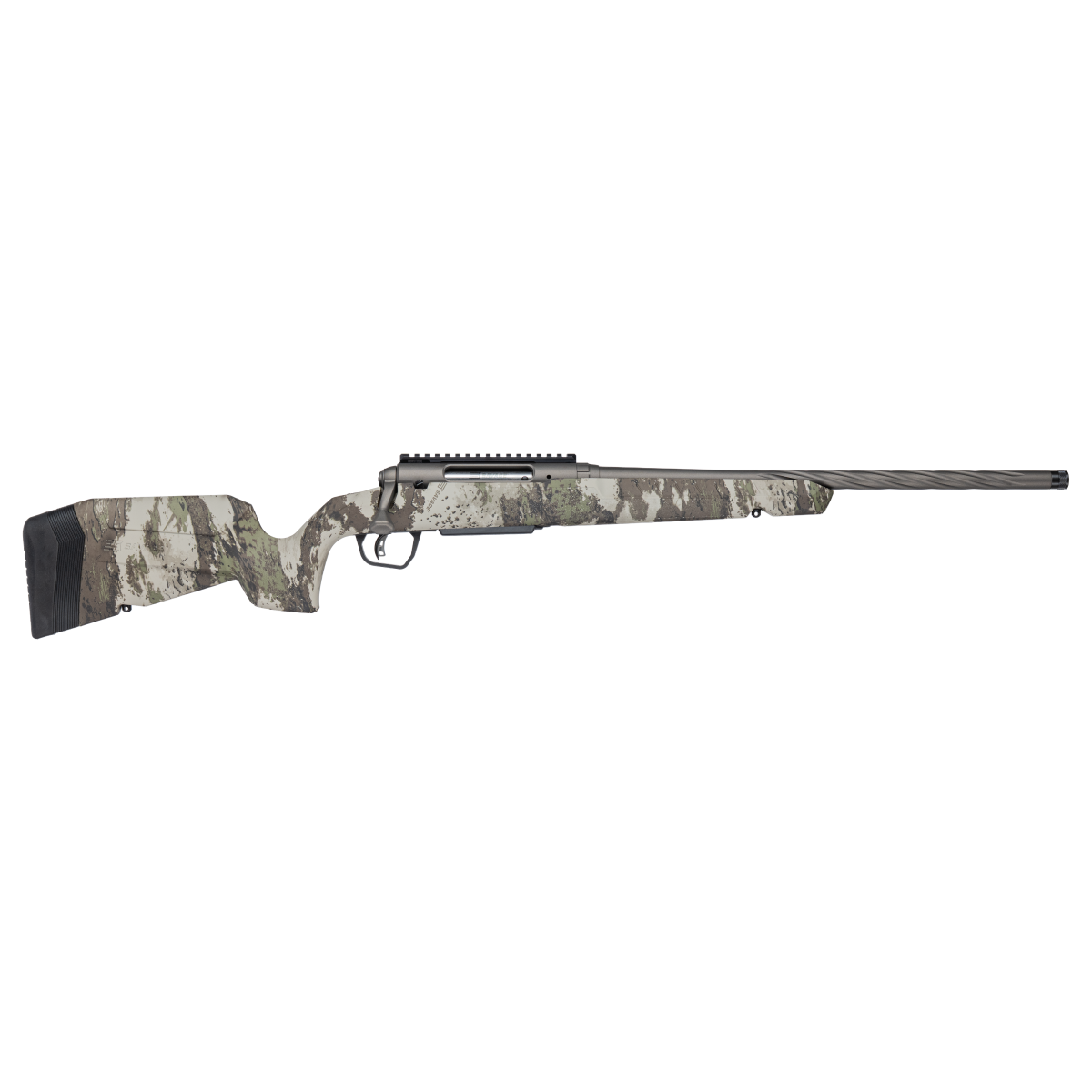 Camouflage bolt-action rifle with scope rail on black background