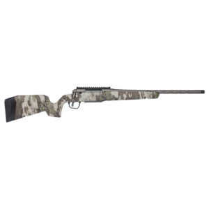 Camouflage bolt-action rifle with long barrel on black background