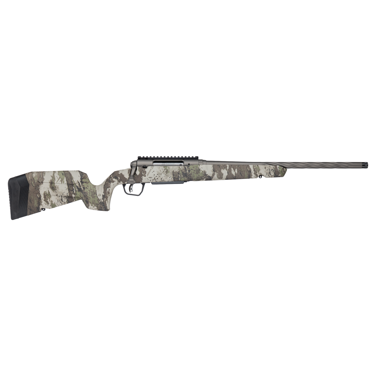 Camouflage bolt-action hunting rifle on black background