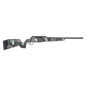 Camouflage bolt-action hunting rifle with long barrel