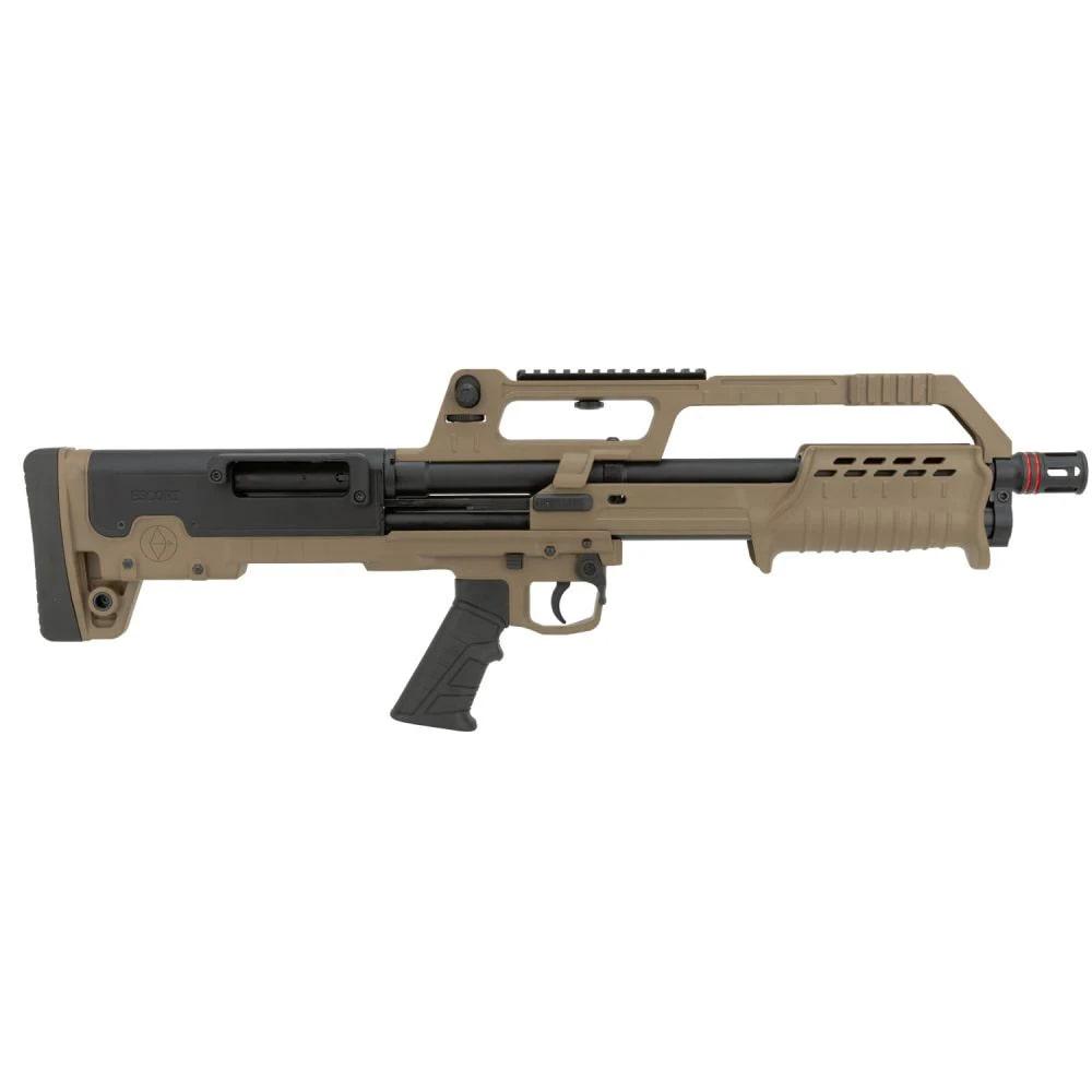 Tan tactical bullpup shotgun isolated on white background