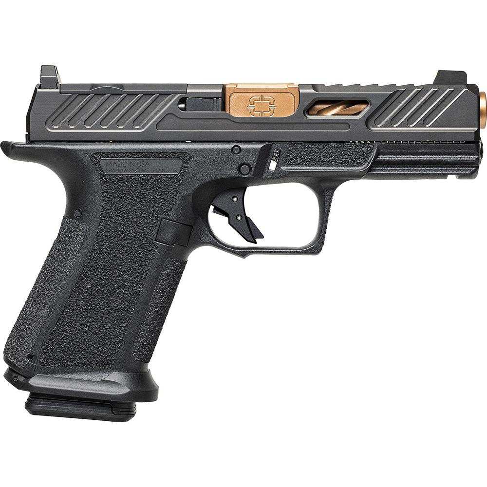 Black semi-automatic pistol with gold accents on white background