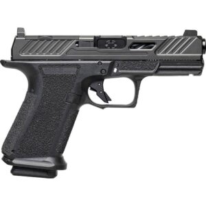 Black semi-automatic pistol shown in side profile