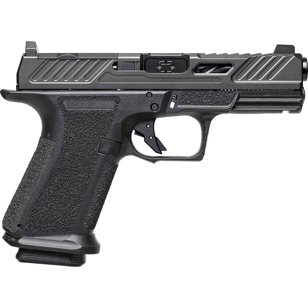Black semi-automatic pistol shown in side profile