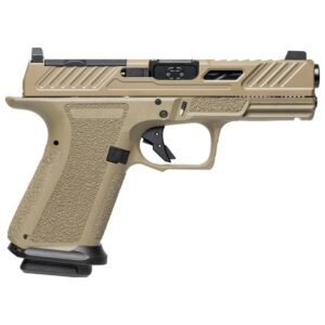 Tan semi-automatic pistol shown in left-side profile