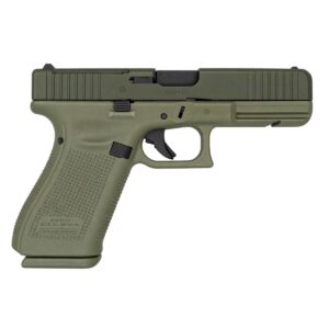 Olive-drab semi-automatic pistol shown in side profile