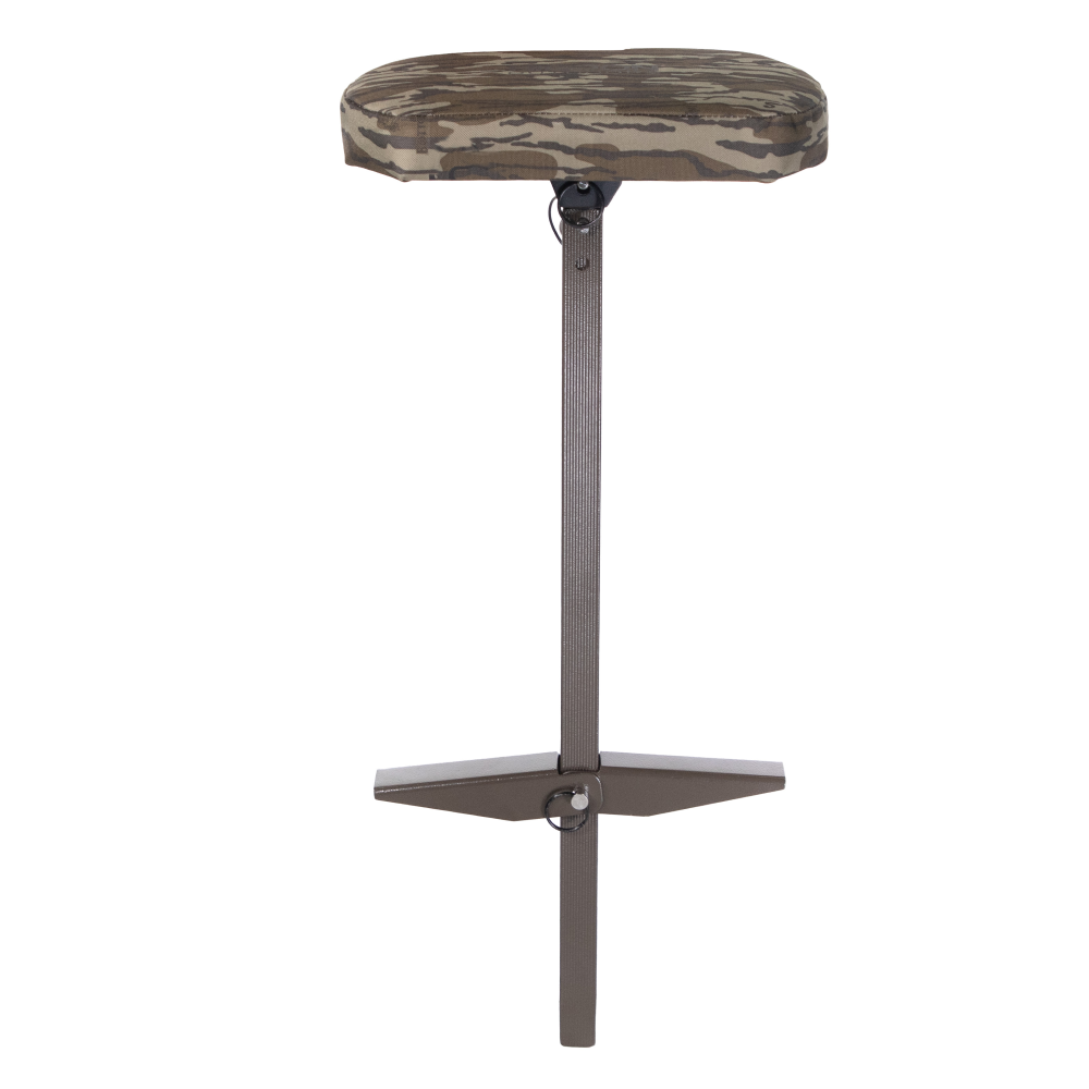 Camouflage padded hunting seat on adjustable metal stand