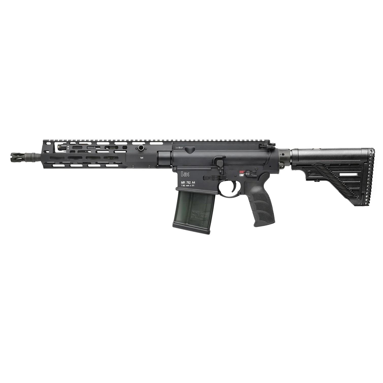 Black HK MR762 A4 semi-automatic rifle on white background