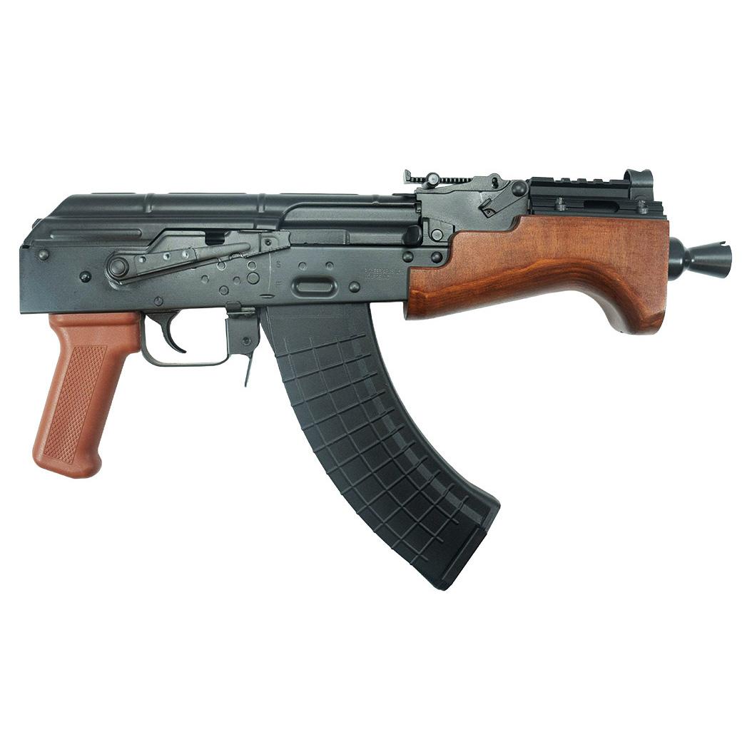 Compact AK-style firearm with wooden foregrip and curved magazine