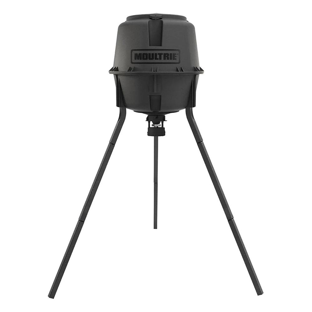 Moultrie tripod-mounted deer feeder with black hopper
