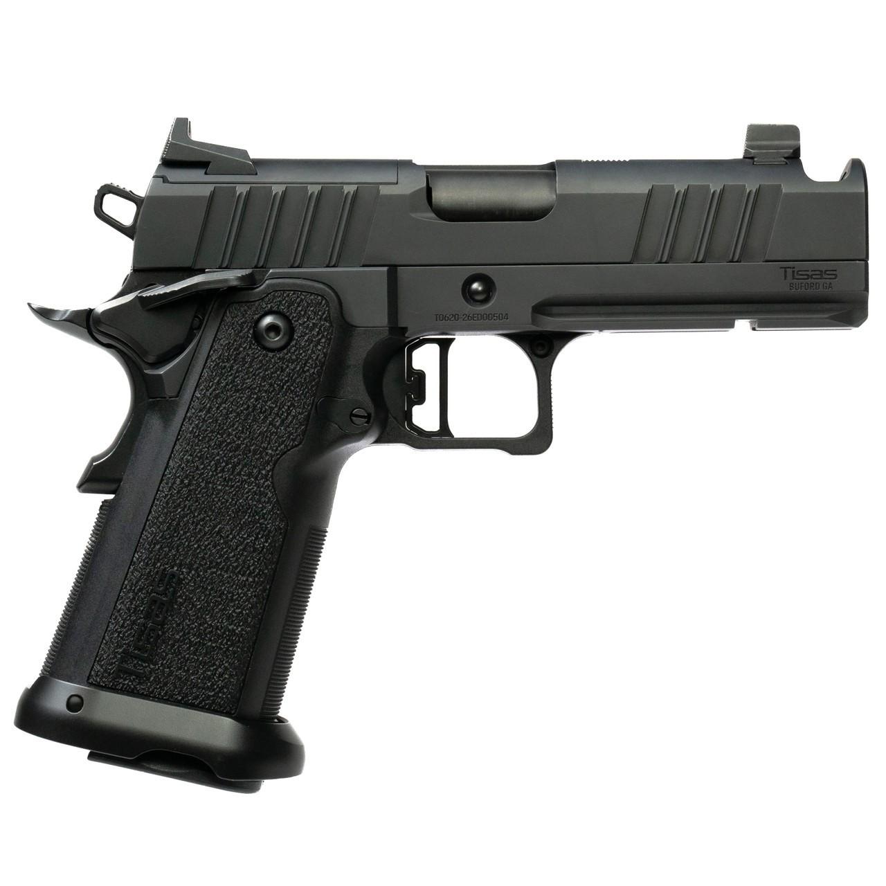 Black Tisas 1911-style semi-automatic pistol on white background