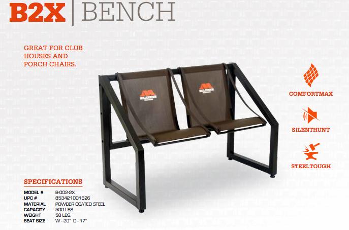 Brown two-seat B2X bench with black steel frame
