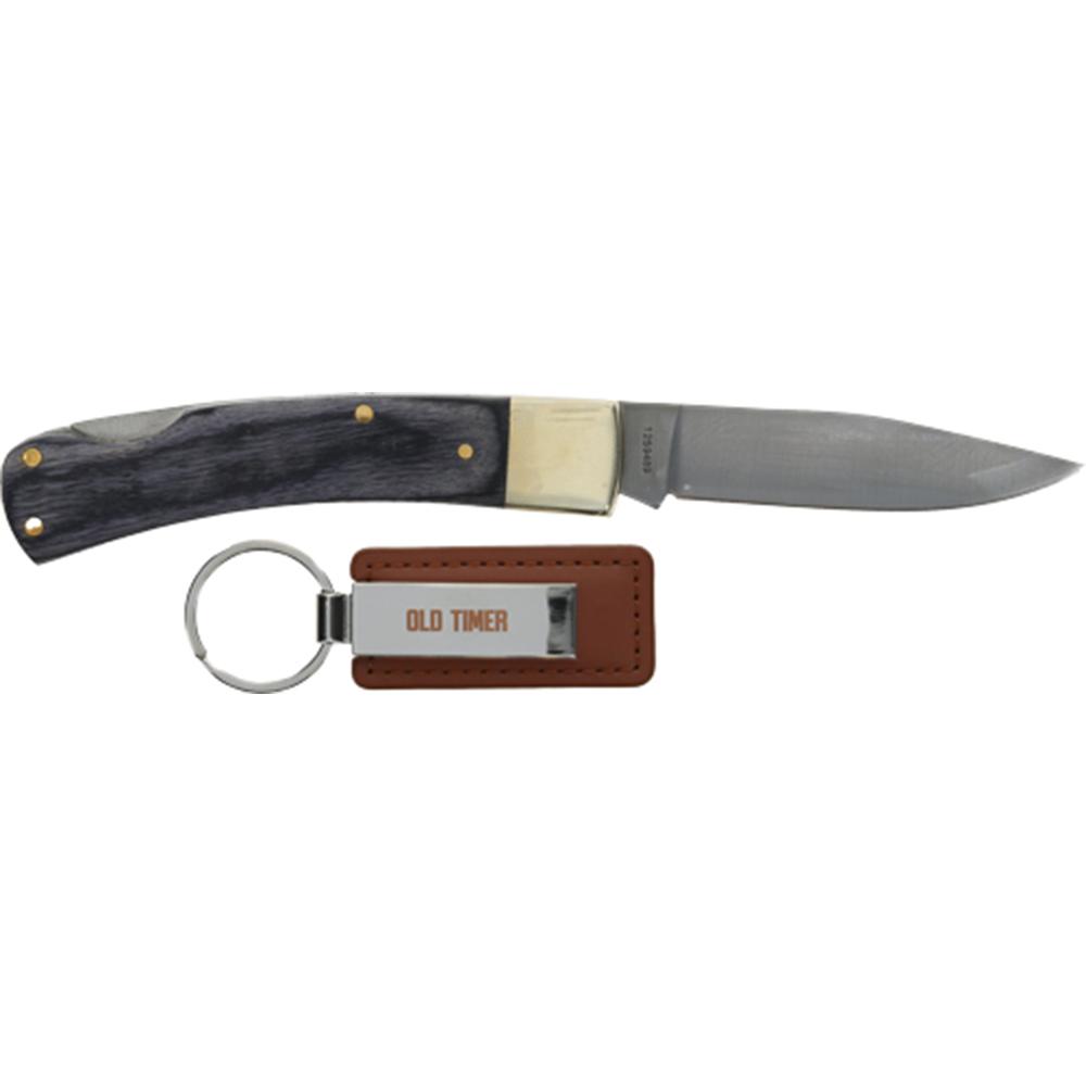 Open Old Timer folding knife with branded keychain