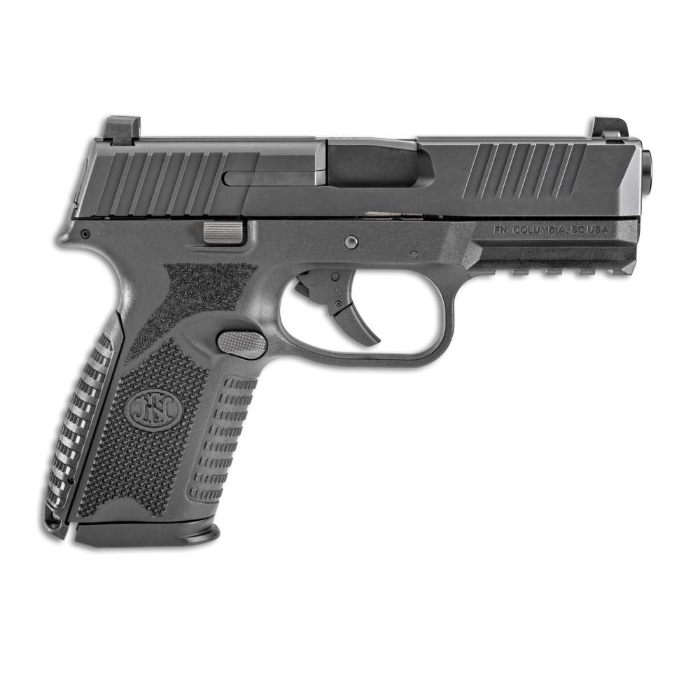 Black FN semi-automatic pistol shown in side profile