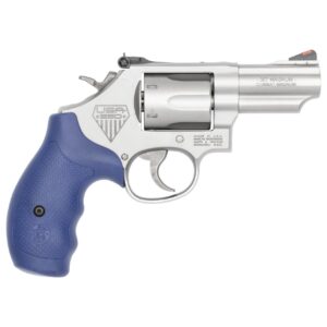 Silver Smith & Wesson .357 Magnum revolver with blue grip