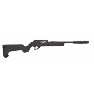 Black tactical-style rifle with a long barrel on white