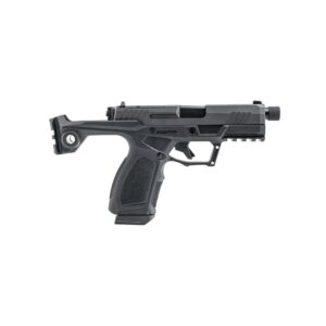 Black tactical pistol with brace-like rear frame on white background