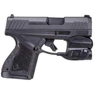 Black compact handgun with mounted Crimson Trace weapon light