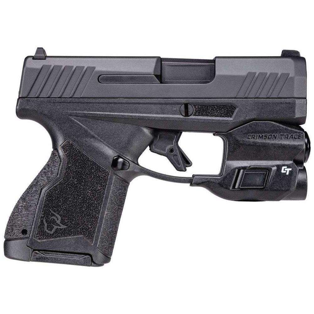 Black compact handgun with mounted Crimson Trace weapon light